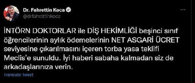 Koca'dan, İntörn Doktorlar ve Diş Hekimliği 5'inci sınıf öğrencileri için 'ücret' açıklaması Koca'dan, İntörn Doktorlar ve Diş Hekimliği 5'inci sınıf öğrencileri için 'ücret' açıklaması