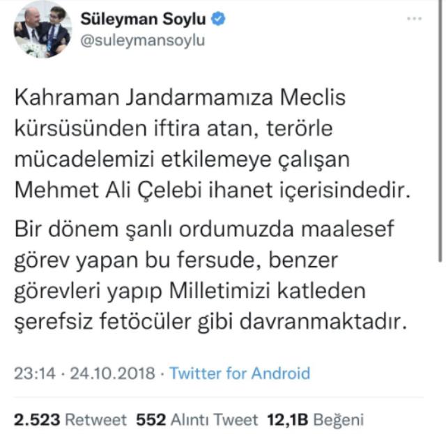 Bakan Soylu, Mehmet Ali Çelebi'nin AK Parti'ye katılmasının ardından geçmişte yaptığı bir paylaşımı apar topar sildi