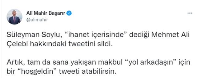 Bakan Soylu, Mehmet Ali Çelebi'nin AK Parti'ye katılmasının ardından geçmişte yaptığı bir paylaşımı apar topar sildi