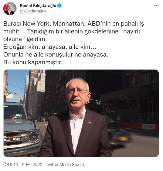 CHP lideri Kılıçdaroğlu, Cumhurbaşkanı Erdoğan'a Manhattan'dan seslendi: Oğlunun kızına gönderdiği paralarla bu gökdelen yapıldı CHP lideri Kılıçdaroğlu, Cumhurbaşkanı Erdoğan'a Manhattan'dan seslendi: Oğlunun kızına gönderdiği paralarla bu gökdelen yapıldı