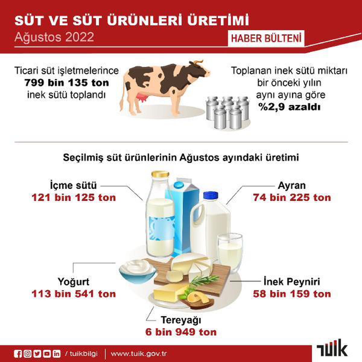 TÜİK: Ağustosta 799 bin 135 ton inek sütü toplandı