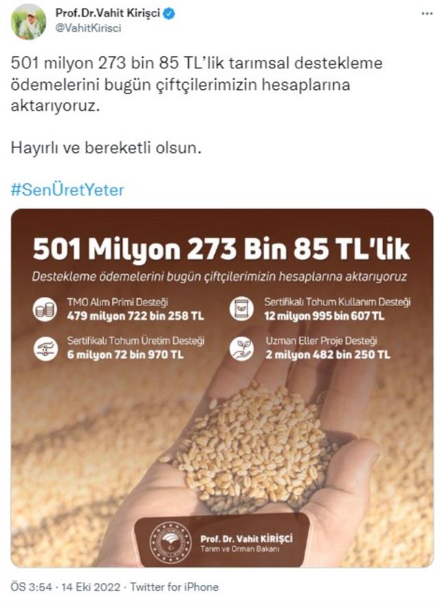 Bakan Kirişçi müjdeyi verdi! 501 milyon liralık tarımsal destek ödemesi bugün hesaplara yatacak Bakan Kirişçi müjdeyi verdi! 501 milyon liralık tarımsal destek ödemesi bugün hesaplara yatacak