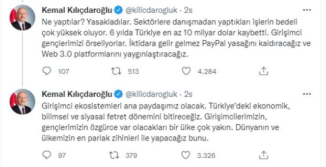 Kılıçdaroğlu, iktidara gelir gelmez yapacağı icraatı paylaştı: PayPal yasağını kaldıracağım Kılıçdaroğlu, iktidara gelir gelmez yapacağı icraatı paylaştı: PayPal yasağını kaldıracağım