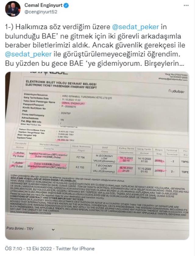 Sedat Peker'le görüşmek için BAE'ye uçak bileti almıştı! Cemal Enginyurt'a izin çıkmadı