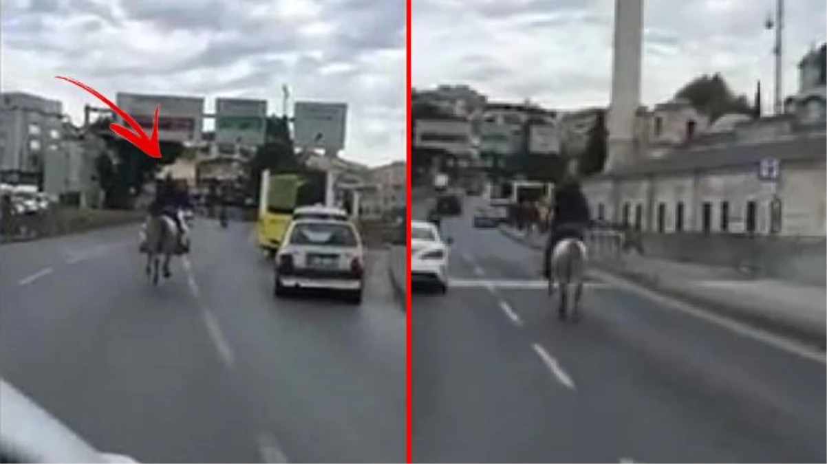 İstanbul\'da Unkapanı Köprüsü\'nde at üstünde yolculuk! İlginç anlar kameralarda...