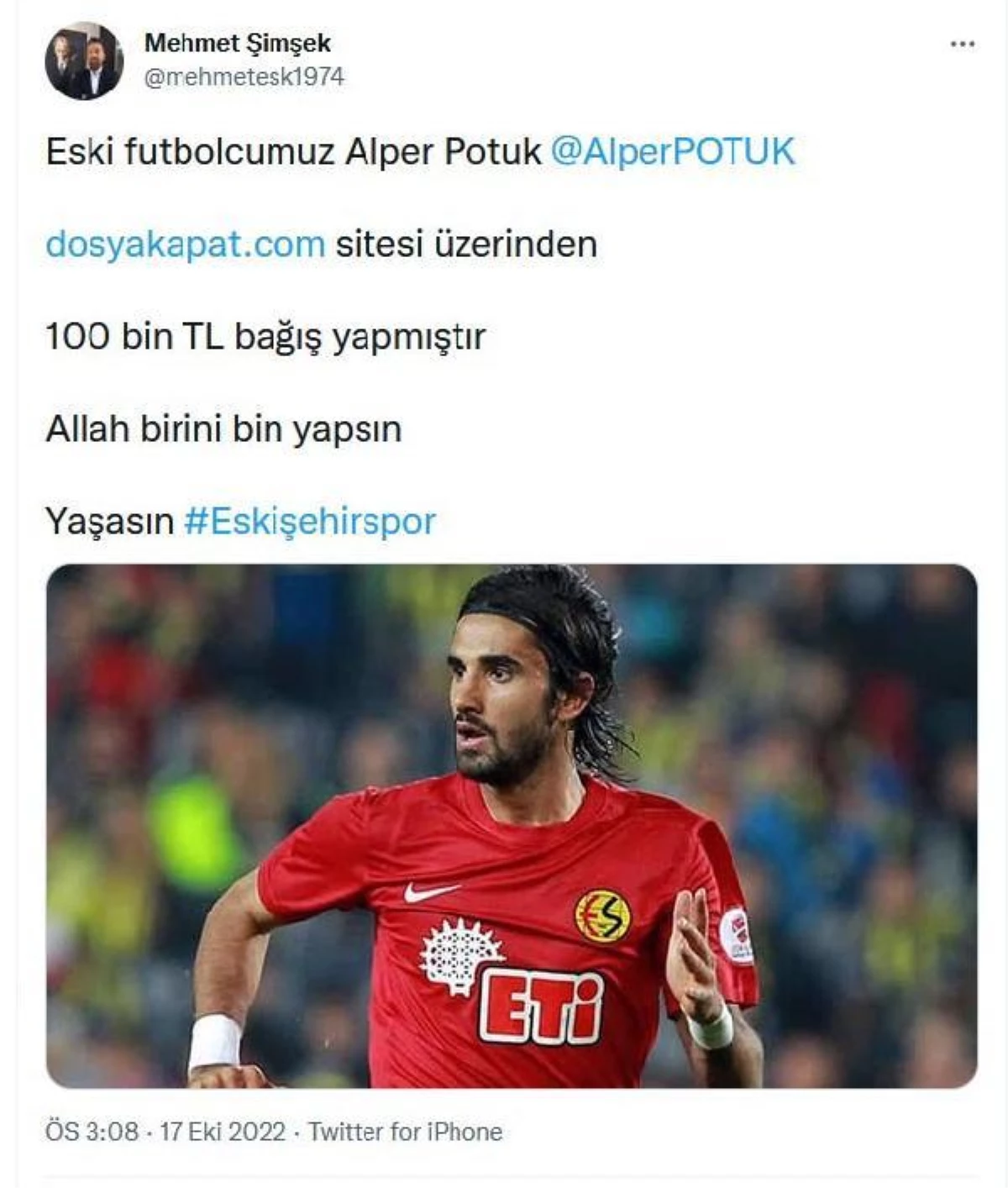 Alper Potuk\'tan Eskişehirspor\'a 100 bin lira destek