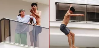 Annesini metal çubukla dövüp balkondan atmak isteyen zanlı kendisini itfaiye brandasının üzerine bıraktı