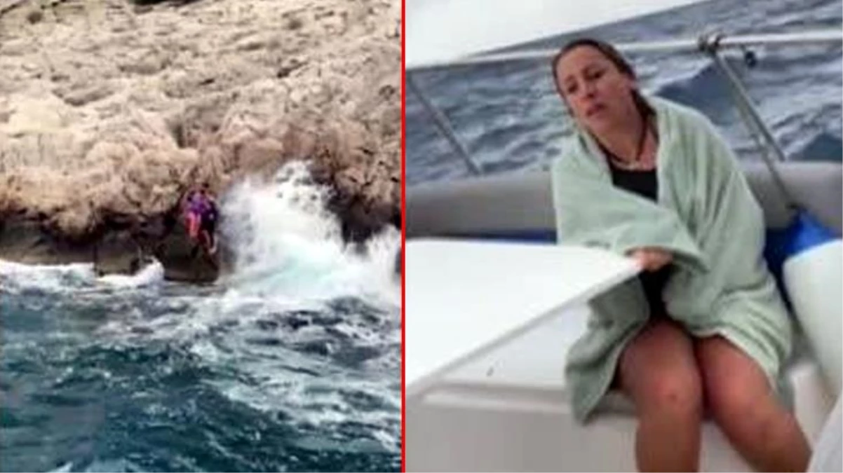Antalya\'da kayalıklarda mahsur kalan tatilcileri tur teknesi personeli kurtardı! O anlar kamerada