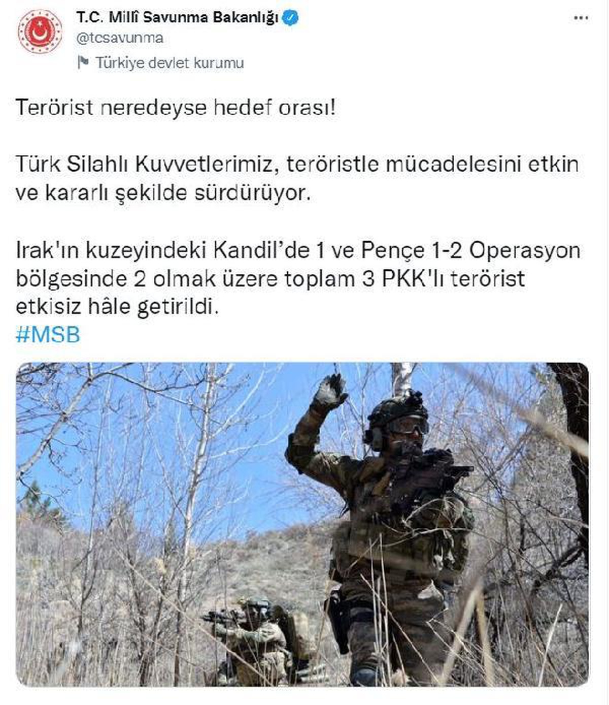 MSB: 3 PKK\'lı terörist etkisiz hale getirildi