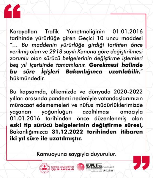 Son Dakika: Eski ehliyetleri değiştirme süresi 31 Aralık 2024'e uzatıldı