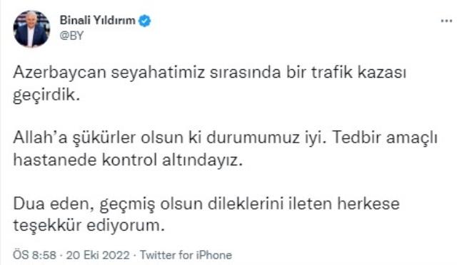 AK Parti'den Azerbaycan'da trafik kazası geçiren Binali Yıldırım'ın sağlık durumuyla ilgili açıklama: Tedbir amaçlı gözetim altındalar AK Parti'den Azerbaycan'da trafik kazası geçiren Binali Yıldırım'ın sağlık durumuyla ilgili açıklama: Tedbir amaçlı gözetim altındalar