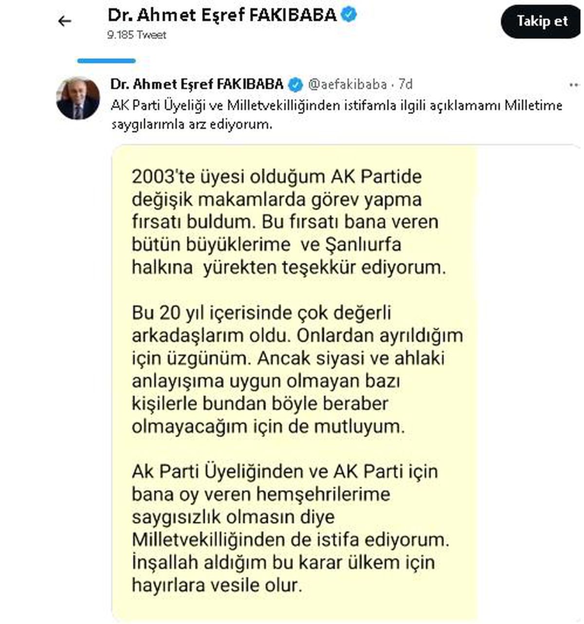 Fakıbaba partisinden ve milletvekilliğinden istifa etti