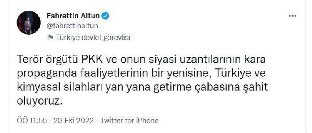 Cumhurbaşkanlığı İletişim Başkanı Altun\'dan "TSK\'nın kimyasal silah kullandığı" iddialarına tepki Açıklaması