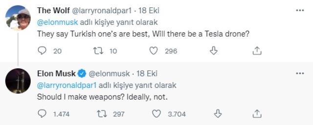 Musk'tan 'En iyisi Türk İHA'ları, sen de üretecek misin?' sorusuna dikkat çeken yanıt Musk'tan 'En iyisi Türk İHA'ları, sen de üretecek misin?' sorusuna dikkat çeken yanıt