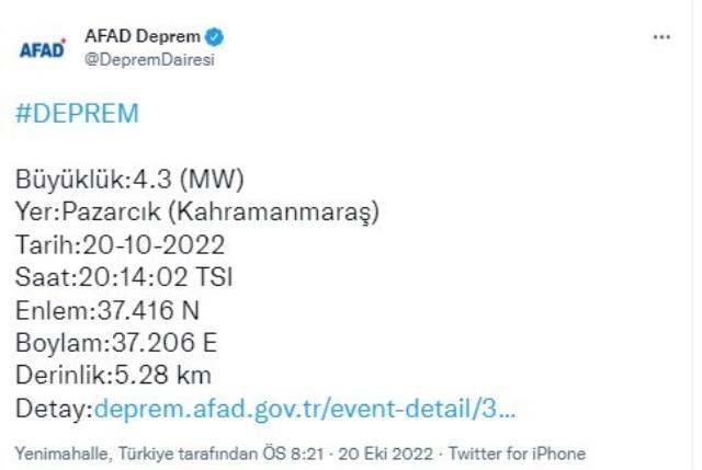 Son Dakika: Kahramanmaraş beşik gibi! 4.5'in ardından şimdi de 4.3'lük bir deprem daha meydana geldi Son Dakika: Kahramanmaraş beşik gibi! 4.5'in ardından şimdi de 4.3'lük bir deprem daha meydana geldi