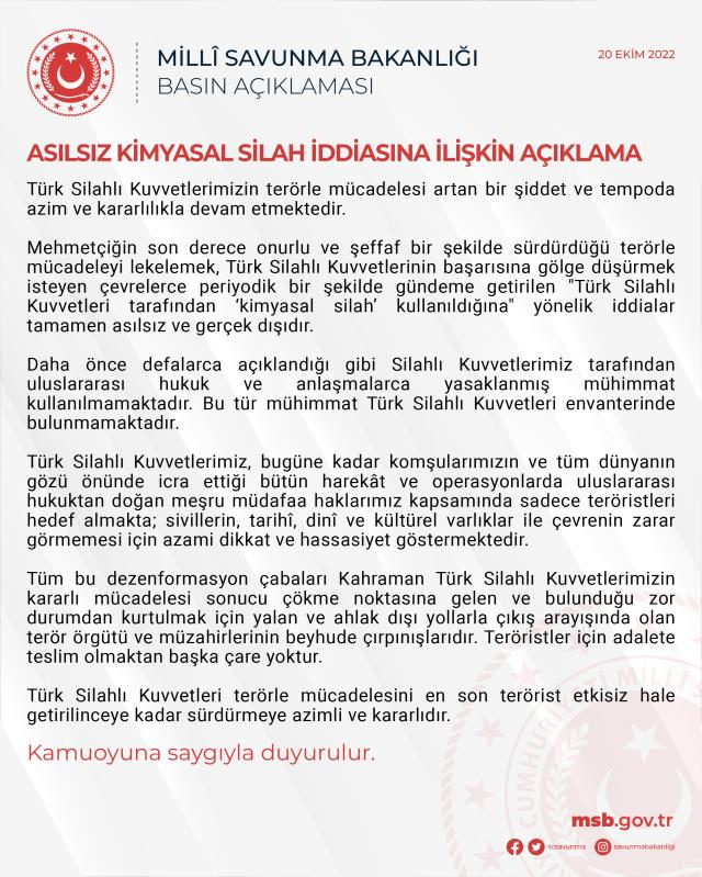 Son Dakika! MSB'den 'TSK kimyasal silah kullanıyor' iddiasına yanıt: Bu tür mühimmatlar envanterimizde bulunmamaktadır Son Dakika! MSB'den 'TSK kimyasal silah kullanıyor' iddiasına yanıt: Bu tür mühimmatlar envanterimizde bulunmamaktadır