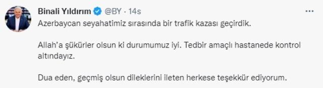 Azerbaycan'da trafik kazası geçiren Binali Yıldırım'dan ilk fotoğraf Azerbaycan'da trafik kazası geçiren Binali Yıldırım'dan ilk fotoğraf