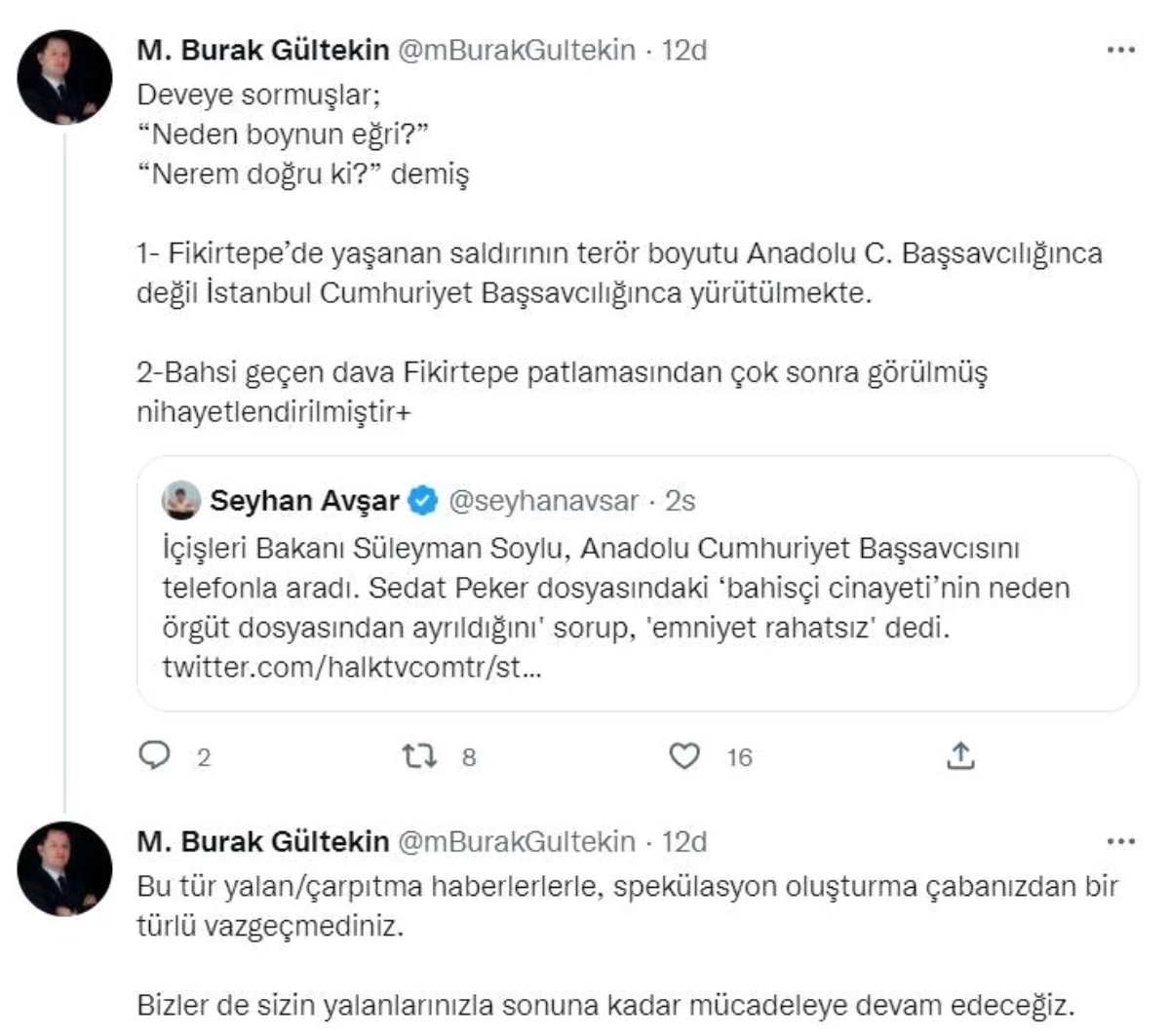 İçişleri Bakan Müşaviri Gültekin\'den gazeteci Avşar\'ın iddialarına yanıt: "Sizin yalanlarınızla sonuna kadar mücadeleye devam edeceğiz"