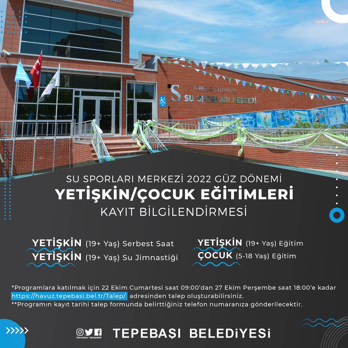 Eskişehir haberi... Tepebaşı Belediyesi Mustafa Kemal Atatürk Spor Tesisi ve Su Sporları Merkezi\'nde Güz Dönemi Ön Kayıtları Başlıyor