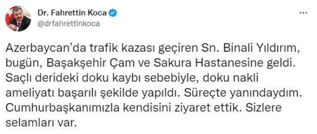 Bakan Koca, Binali Yıldırım'ın son durumunu paylaştı: Doku ameliyatı başarılı geçti Bakan Koca, Binali Yıldırım'ın son durumunu paylaştı: Doku ameliyatı başarılı geçti