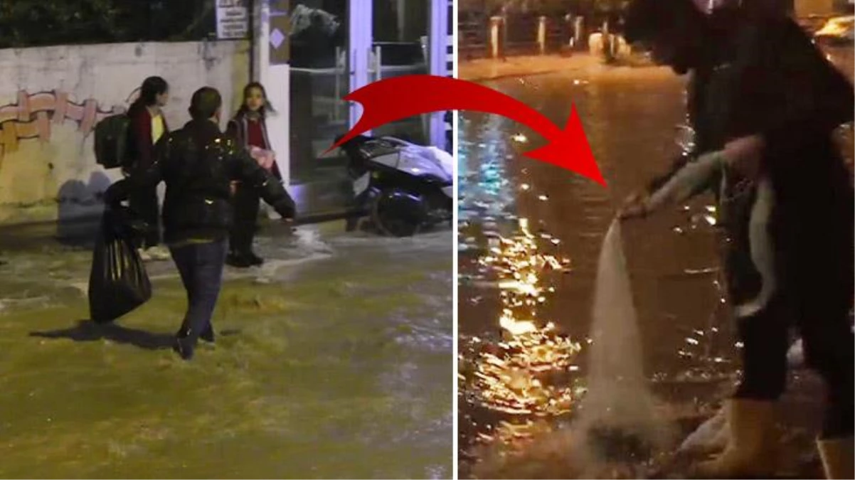 Siirt\'te sağanak yağış sonrası caddedeki su birikintisine ağ atan vatandaş gündem oldu