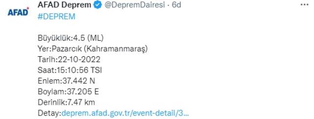 Son Dakika! Kahramanmaraş Pazarcık'ta 4.5 büyüklüğünde deprem meydana geldi Son Dakika! Kahramanmaraş Pazarcık'ta 4.5 büyüklüğünde deprem meydana geldi