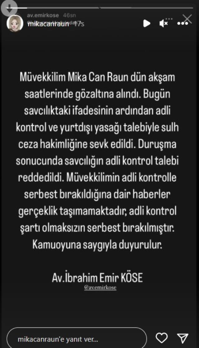 Avukatı, Türk lirasını klozete atan Mika Can Raun'un adli kontrol şartıyla serbest kaldığına dair haberleri yalanladı