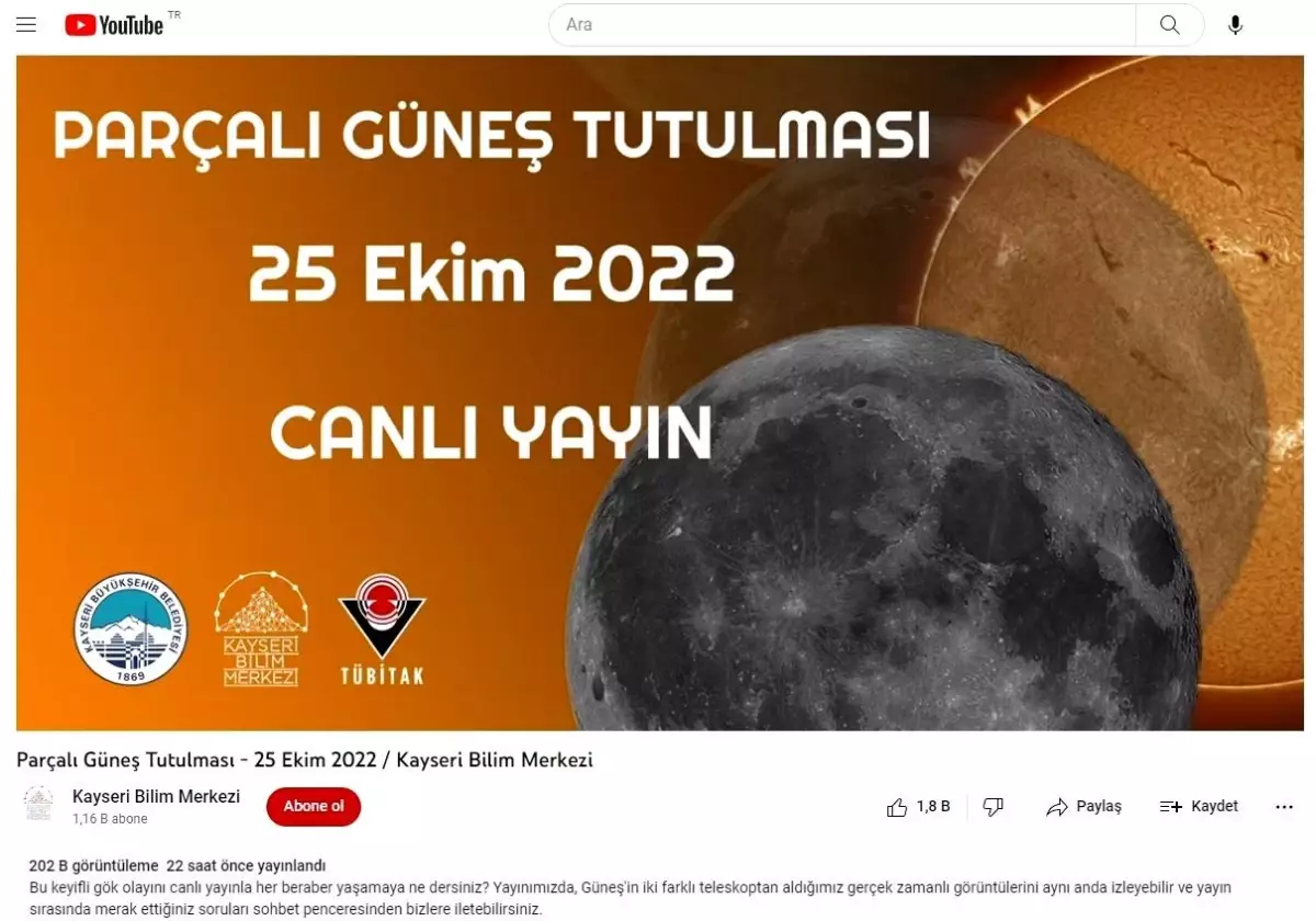 Büyükşehir\'in parçalı güneş tutulması canlı yayınını 202 bin kişi izledi