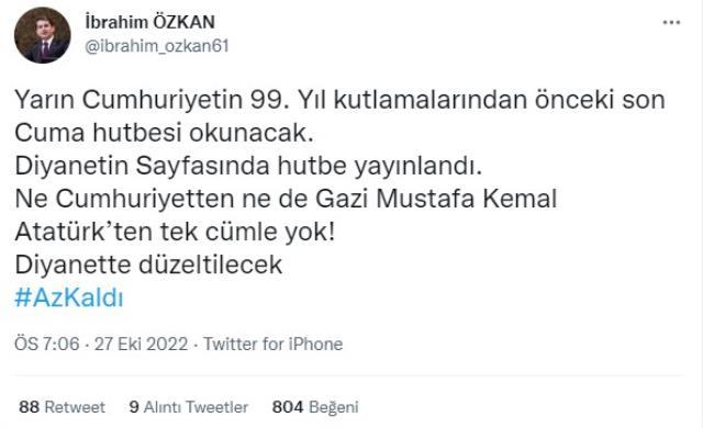 Diyanet, 28 Ekim Cuma hutbesi yayındı! Cumhuriyet ve Atatürk'ün yer almaması tepki çekti Diyanet, 28 Ekim Cuma hutbesi yayındı! Cumhuriyet ve Atatürk'ün yer almaması tepki çekti