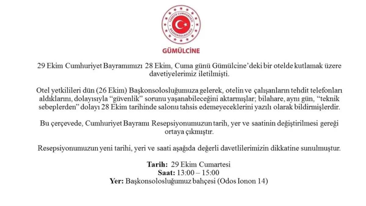 Yunanistan\'daki 29 Ekim resepsiyonu tehdit telefonları nedeniyle ertelendi