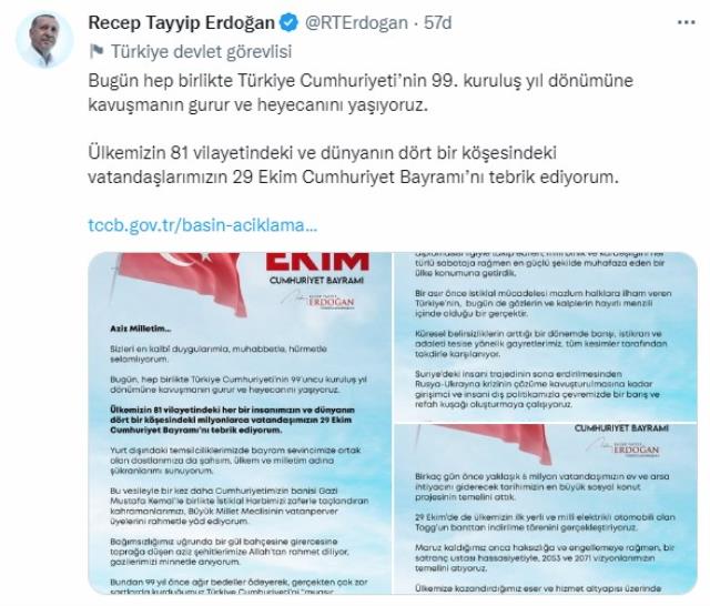 Cumhurbaşkanı Erdoğan'dan '29 Ekim Cumhuriyet Bayramı' mesajı Açıklaması Cumhurbaşkanı Erdoğan'dan '29 Ekim Cumhuriyet Bayramı' mesajı Açıklaması