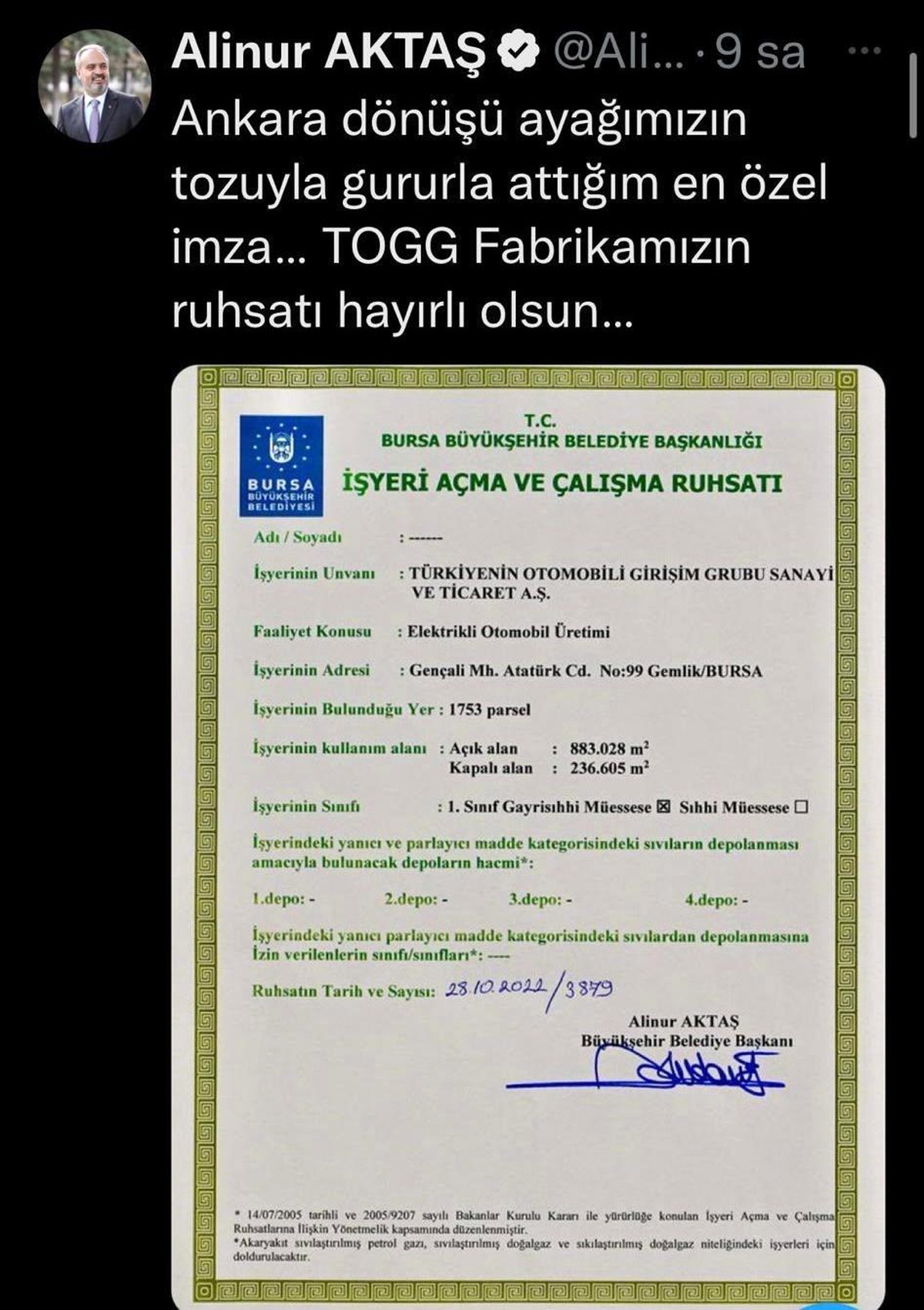 İşte TOGG Otomobil Fabrikası\'nın ruhsatı
