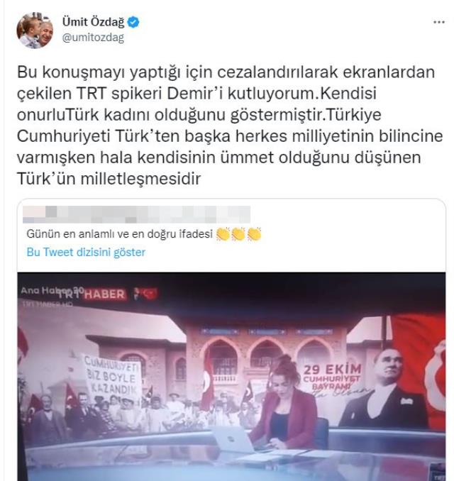 TRT spikerinin Atatürk'le ilgili sözleri ortalığı ayağa kaldırmıştı, Ümit Özdağ'dan kutlama geldi