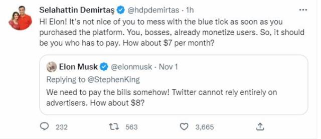 Hapisteki Selahattin Demirtaş, Elon Musk'a tweet attı