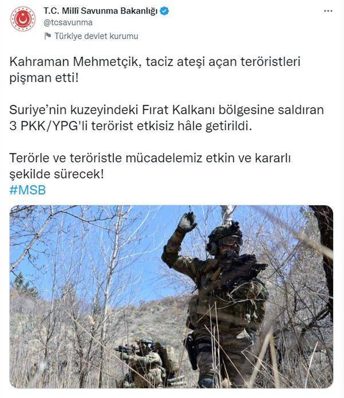 MSB: PKK/YPG\'li 3 terörist etkisiz hale getirildi