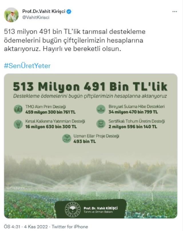 Çiftçinin dört gözle beklediği 513 milyon liralık destek, hesaplara yatırıldı