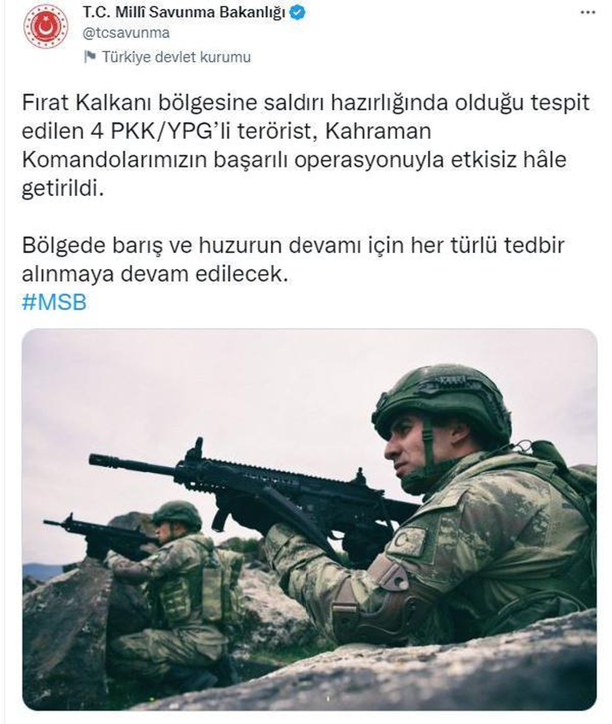 MSB: 4 PKK/YPG\'li terörist etkisiz hale getirildi
