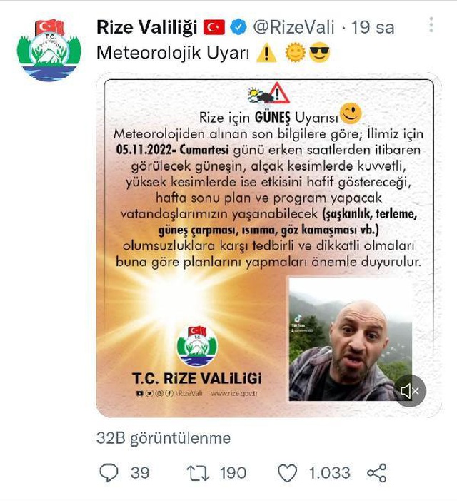 Rize Valiliği'nden esprili 'güneş' uyarısı