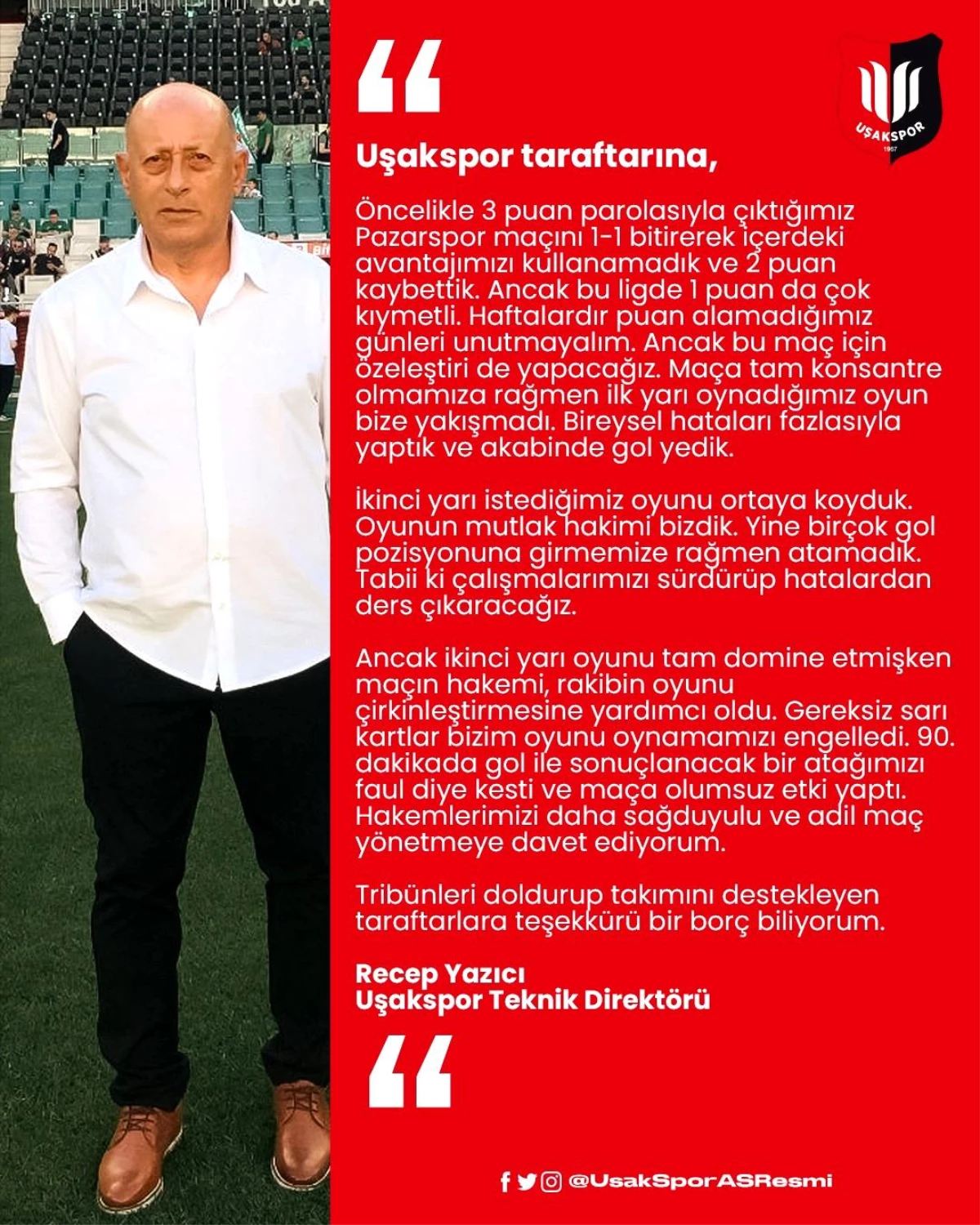 Uşakspor Teknik Direktörü Yazıcı, Hakemleri adli olmaya davet ediyorum"