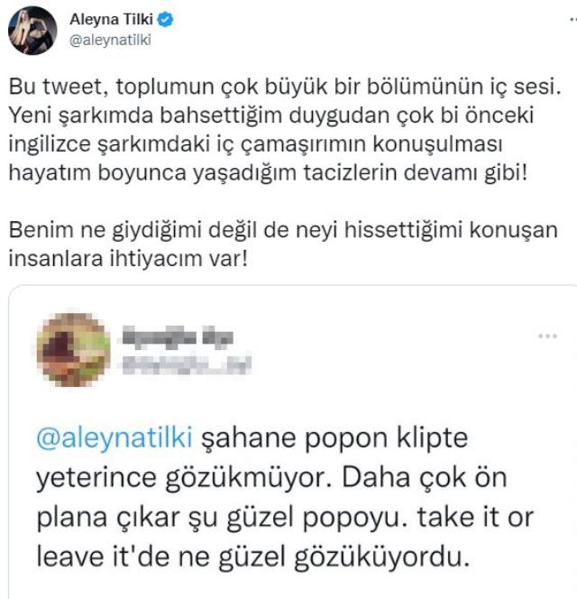 Aleyna Tilki, 'Şahane popon gözükmüyor' diyen takipçisin öfke kustu: Bu yaşadığım tacizlerin devamı Aleyna Tilki, 'Şahane popon gözükmüyor' diyen takipçisin öfke kustu: Bu yaşadığım tacizlerin devamı