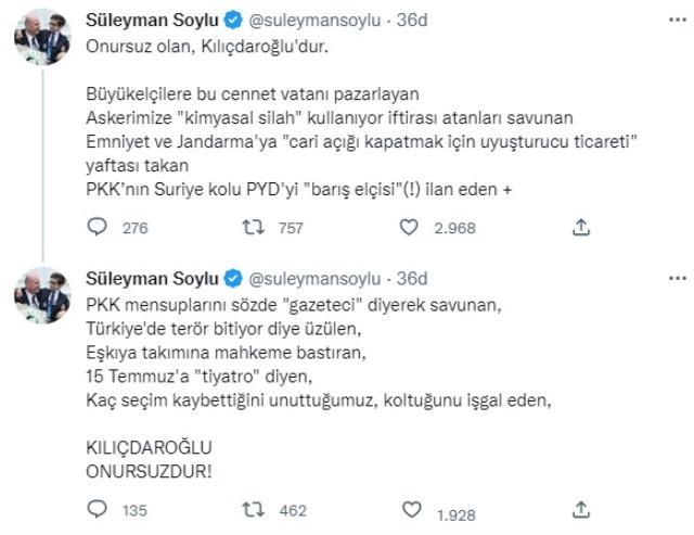 Bakan Soylu'dan Kılıçdaroğlu'na zehir zemberek yanıt: Onursuz olan Kılıçdaroğlu'dur