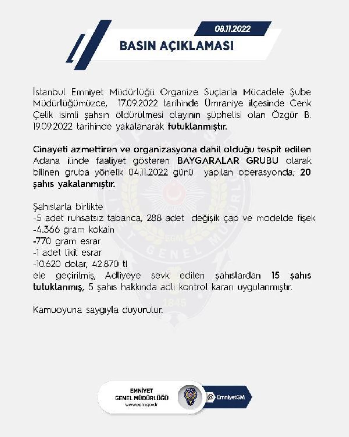 Adana\'da \'Baygaralar Grubu\' olarak bilinen suç örgütüne operasyon; 15 tutuklama
