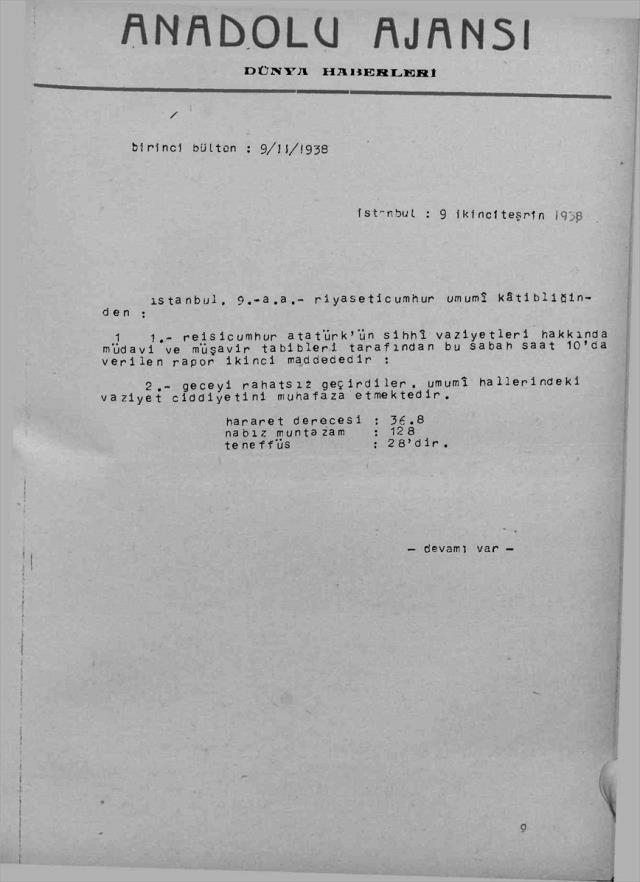 Ulu Önder Mustafa Kemal Atatürk'ün ölmeden önceki son saatlerine ilişkin rapor yıllar sonra ortaya çıktı