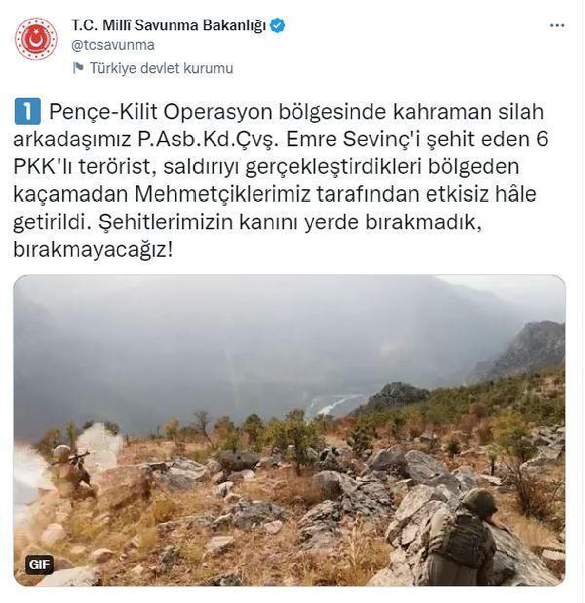 Piyade Astsubay Emre Sevinç\'i şehit eden 6 terörist etkisiz hale getirildi