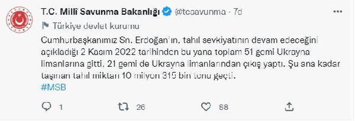 MSB: Ukrayna\'dan 21 gemi, 2 Kasım\'dan bu yana çıkış yaptı