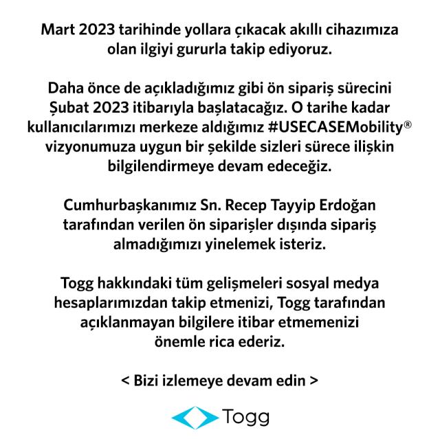 Togg için ön sipariş açıklaması: Süreç Şubat 2023'te başlayacak