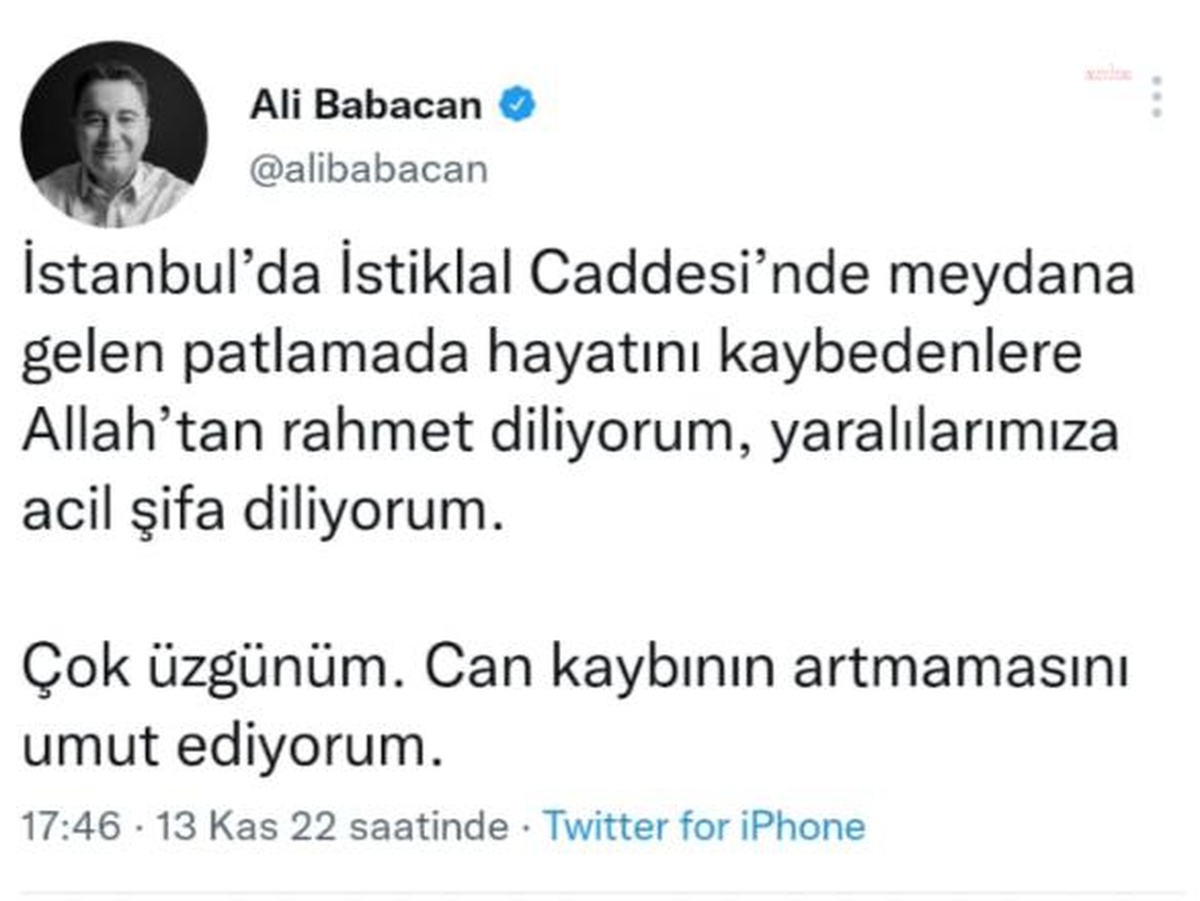 Babacan: İstanbul\'da Meydana Gelen Patlamada Hayatını Kaybedenlere Allah\'tan Rahmet Diliyorum, Yaralılarımıza Acil Şifa Diliyorum