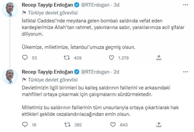 Cumhurbaşkanı Erdoğan'dan İstiklal Caddesi'ndeki bombalı saldırı hakkında ilk açıklama: Terör kokusu var Cumhurbaşkanı Erdoğan'dan İstiklal Caddesi'ndeki bombalı saldırı hakkında ilk açıklama: Terör kokusu var