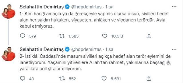 Demirtaş'tan İstiklal Caddesi'ndeki patlama hakkında açıklama: Kim hangi amaçla yaparsa yapsın, sivilleri hedef alan her saldırı terördür Demirtaş'tan İstiklal Caddesi'ndeki patlama hakkında açıklama: Kim hangi amaçla yaparsa yapsın, sivilleri hedef alan her saldırı terördür