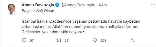 İstiklal Caddesi'ndeki patlama yürekleri yaktı! Muhalefet liderlerinden peş peşe paylaşım geliyor İstiklal Caddesi'ndeki patlama yürekleri yaktı! Muhalefet liderlerinden peş peşe paylaşım geliyor